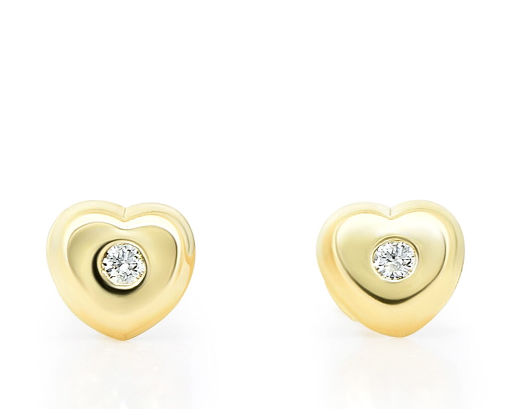 Aritos Abridores Diamond Heart Oro Amarillo, o Blanco 18k, con 2 Diamantes que suman 2 pt